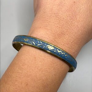 Vintage Gold Tone Blue Designed Large Cuff Bangle Statement Bracelet